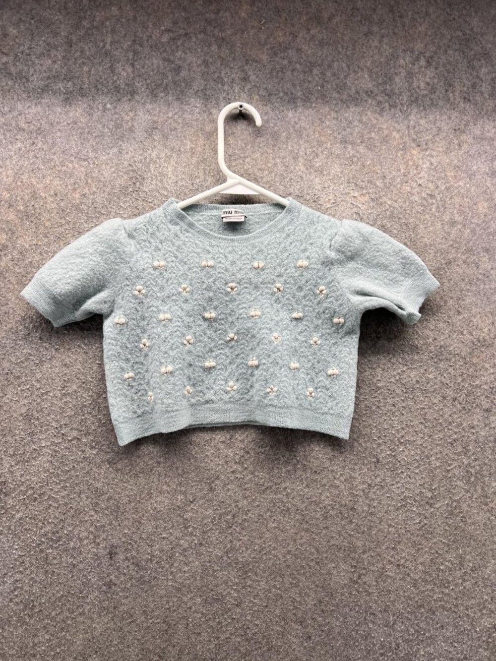 Miu Miu Sweater Baby 2T Blue Crew Neck Short Puff Sleeve Embroidered Knit